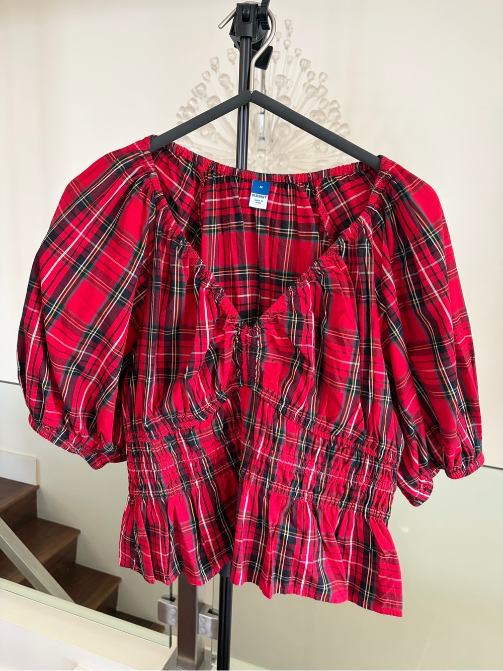 Old Navy Red Plaid Peasant Blouse with Puff Sleeves